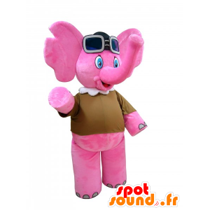 Mascotte d'éléphant rose avec des lunettes d'aviateur - MASFR032270 - Mascottes Elephant