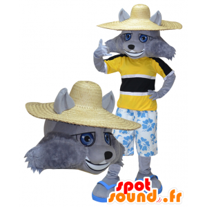 Mascotte de loup gris en tenue de vacancier - MASFR032276 - Mascottes Loup