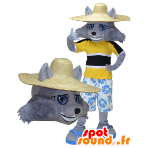 Grijze Wolf Mascot vakantieganger gehouden - MASFR032276 - Wolf Mascottes