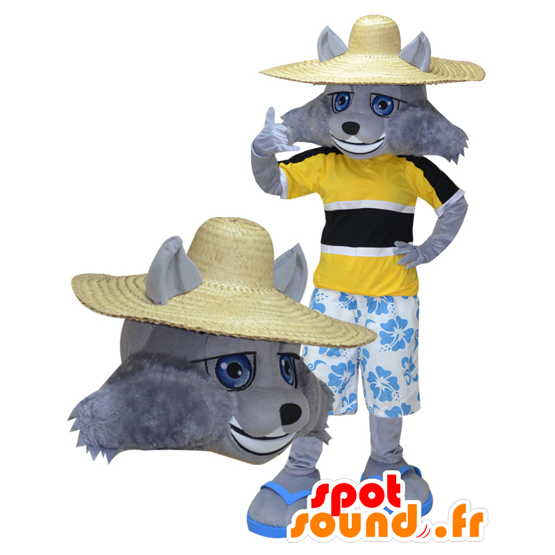 Grauer Wolf-Maskottchen vacationer gehalten - MASFR032276 - Maskottchen-Wolf