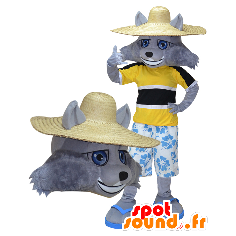 Grå ulvmaskot i ferieudstyr - Spotsound maskot kostume