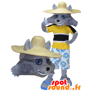 Grauer Wolf-Maskottchen vacationer gehalten - MASFR032276 - Maskottchen-Wolf