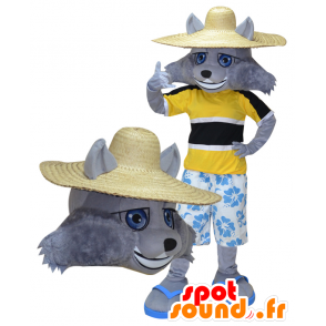 Grijze Wolf Mascot vakantieganger gehouden - MASFR032276 - Wolf Mascottes