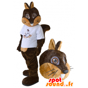 Mascot esquilo marrom e bege com uma camisa branca - MASFR032277 - mascotes Squirrel