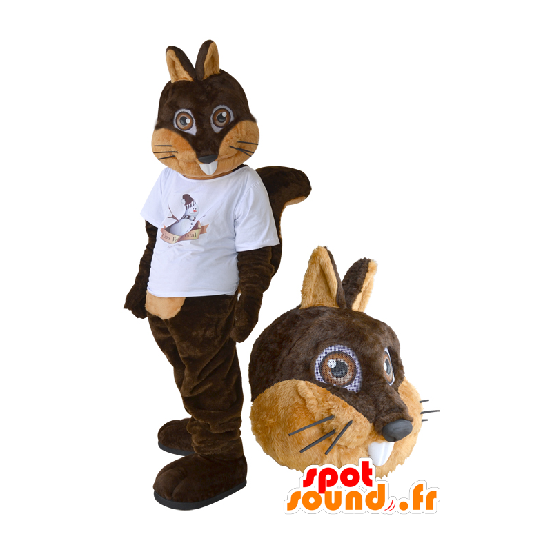 Brun og beige egernmaskot med en hvid t-shirt - Spotsound
