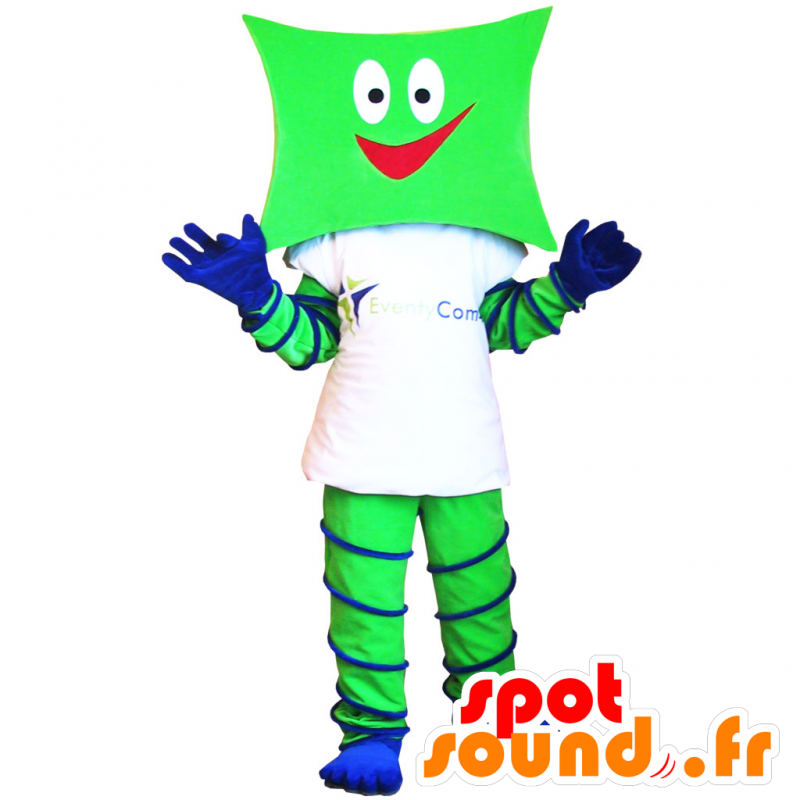 Mascot groen en blauw vangst naar de vierkante kop - MASFR032280 - man Mascottes