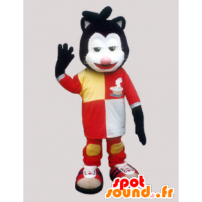 Zwart-witte kat mascotte met een kleurrijke outfit - MASFR032283 - Cat Mascottes