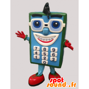 Mascotte de calculatrice bleue et verte avec des lunettes - MASFR032293 - Mascottes d'objets