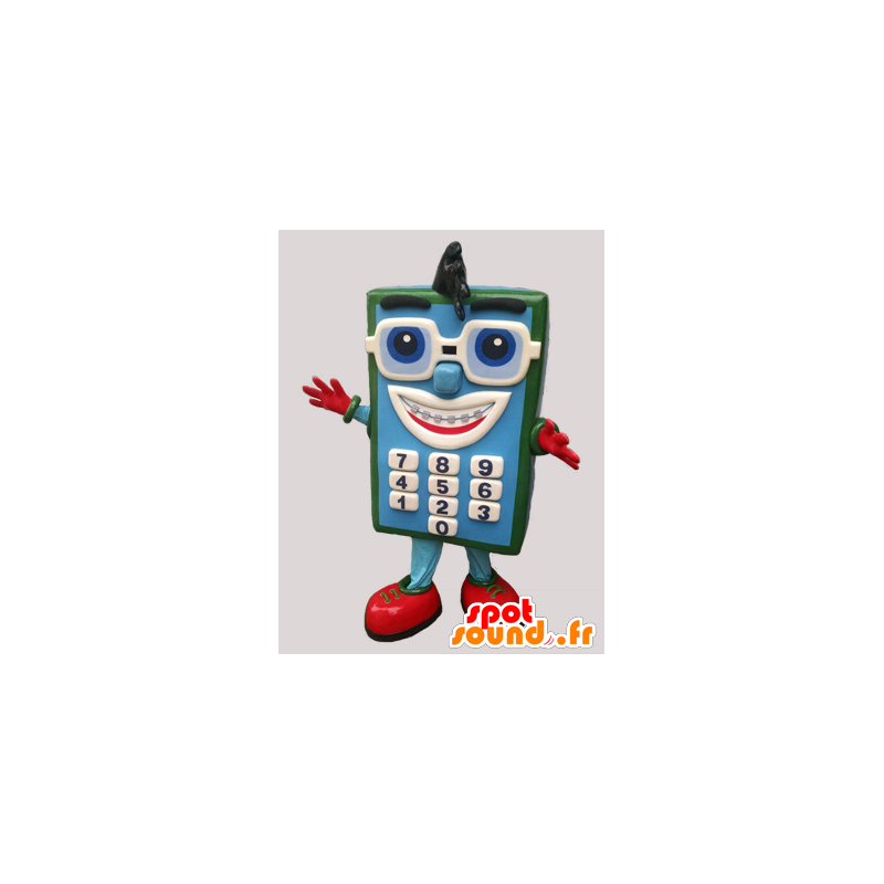 Mascotte blauwe en groene calculator met een bril - MASFR032293 - mascottes objecten