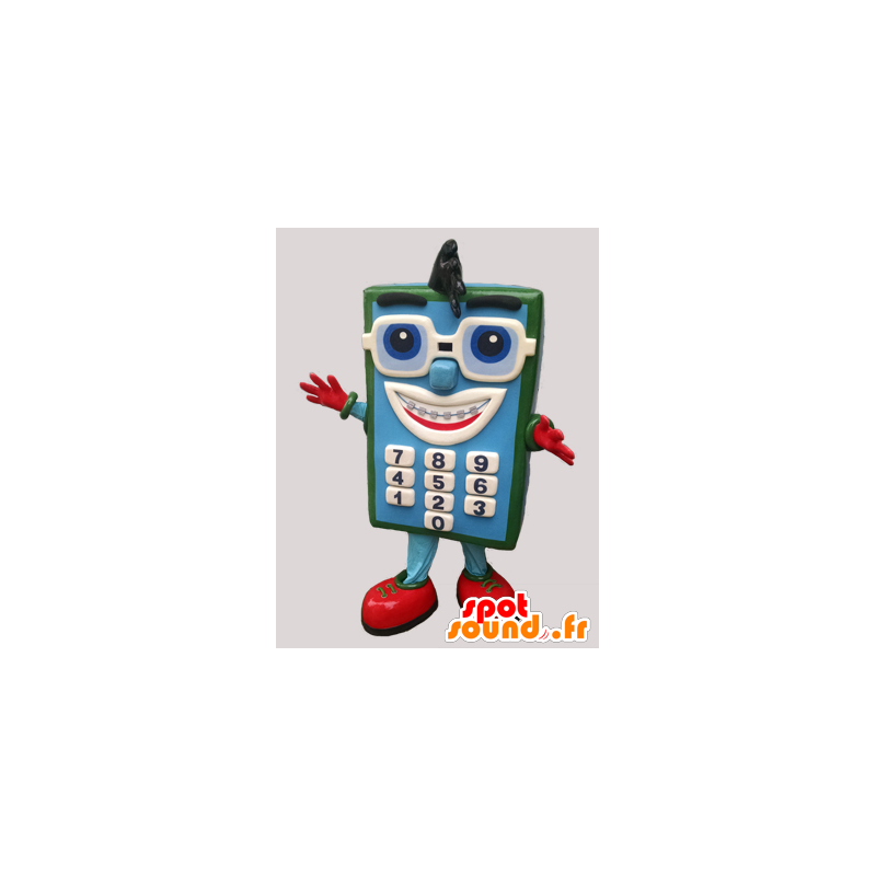 Mascotte de calculatrice bleue et verte avec des lunettes - MASFR032293 - Mascottes d'objets