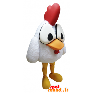 White rooster mascot with big eyes and a red crest