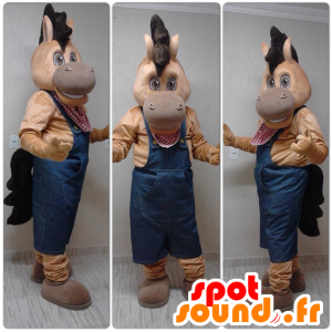 Pferd Maskottchen, braunes Fohlen in Overalls gekleidet - MASFR032303 - Maskottchen-Pferd