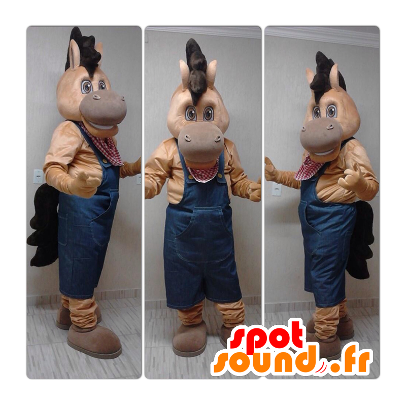 Pferd Maskottchen, braunes Fohlen in Overalls gekleidet - MASFR032303 - Maskottchen-Pferd