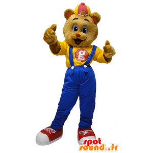 Teddy Maskottchen in Overalls mit einer Kappe gekleidet - MASFR032321 - Bär Maskottchen