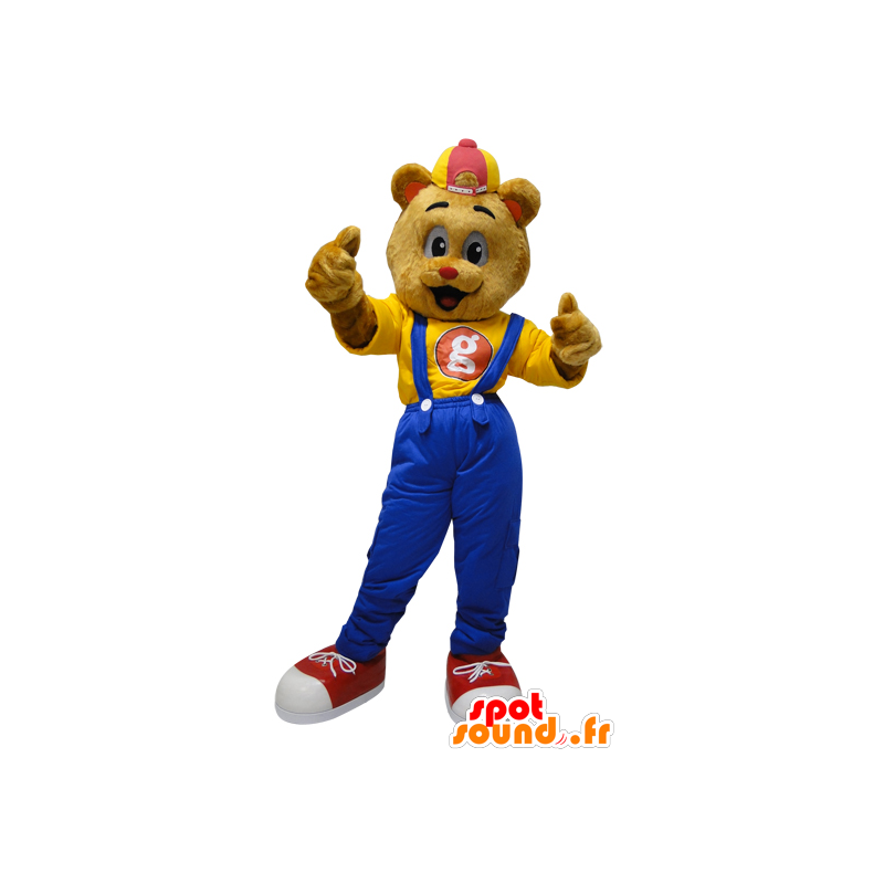 Teddy mascot dressed in overalls with a cap - MASFR032321 - Bear mascot