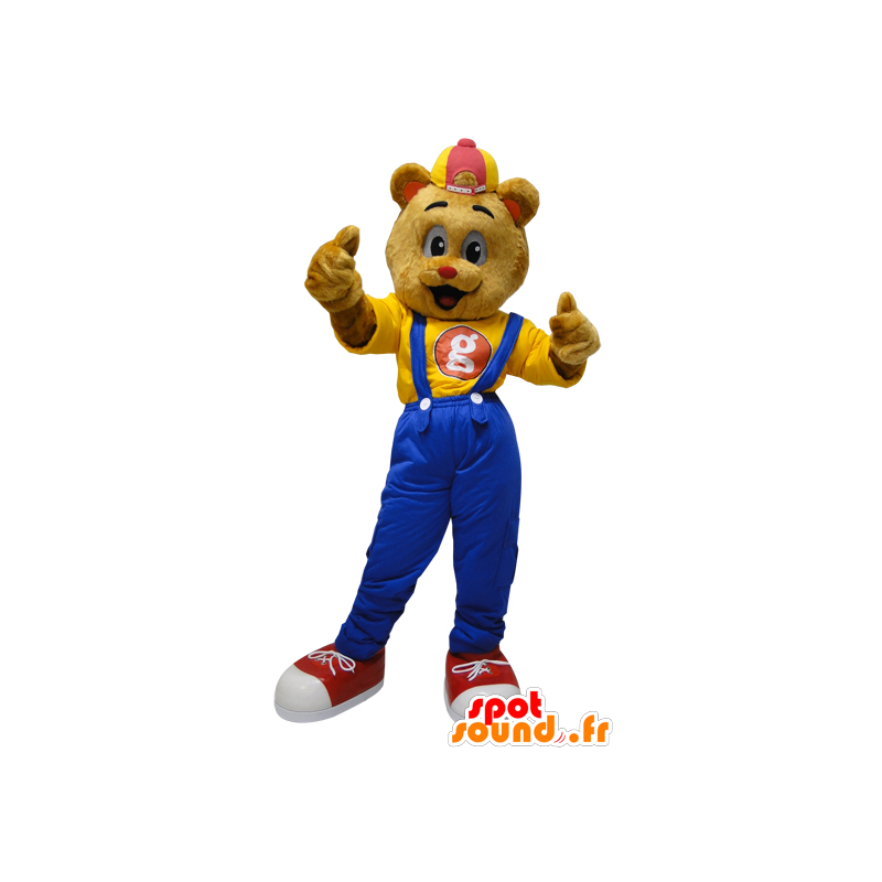 Mascote de pelúcia vestido de macacão com uma tampa - MASFR032321 - mascote do urso