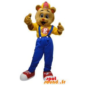 Teddy mascot dressed in overalls with a cap - MASFR032321 - Bear mascot
