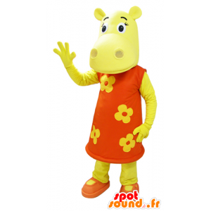 Vestito di giallo ippopotamo mascotte di un abito floreale arancione - MASFR032324 - Ippopotamo mascotte