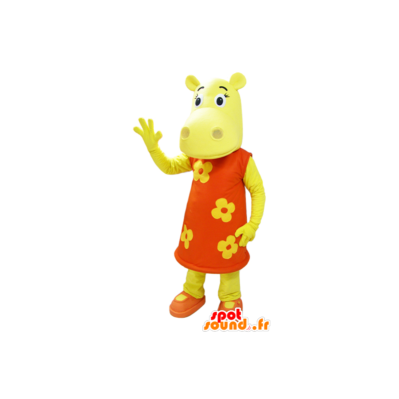 Dressed in yellow hippo mascot of an orange floral dress - MASFR032324 - Mascots hippopotamus