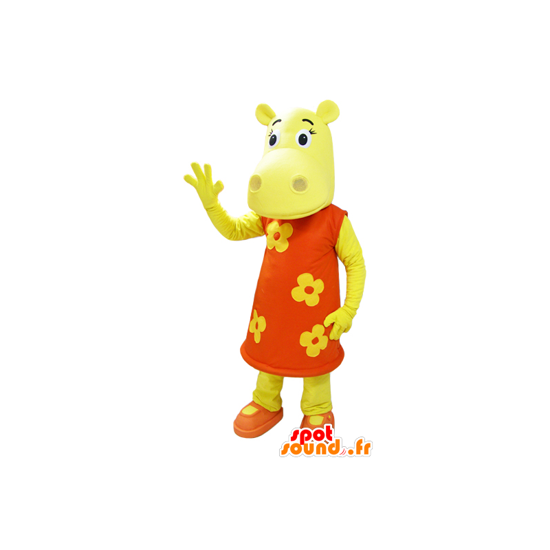 Gekleed met gele hippo de mascotte van een oranje gebloemde jurk - MASFR032324 - Hippo Mascottes