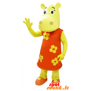 Dressed in yellow hippo mascot of an orange floral dress - MASFR032324 - Mascots hippopotamus