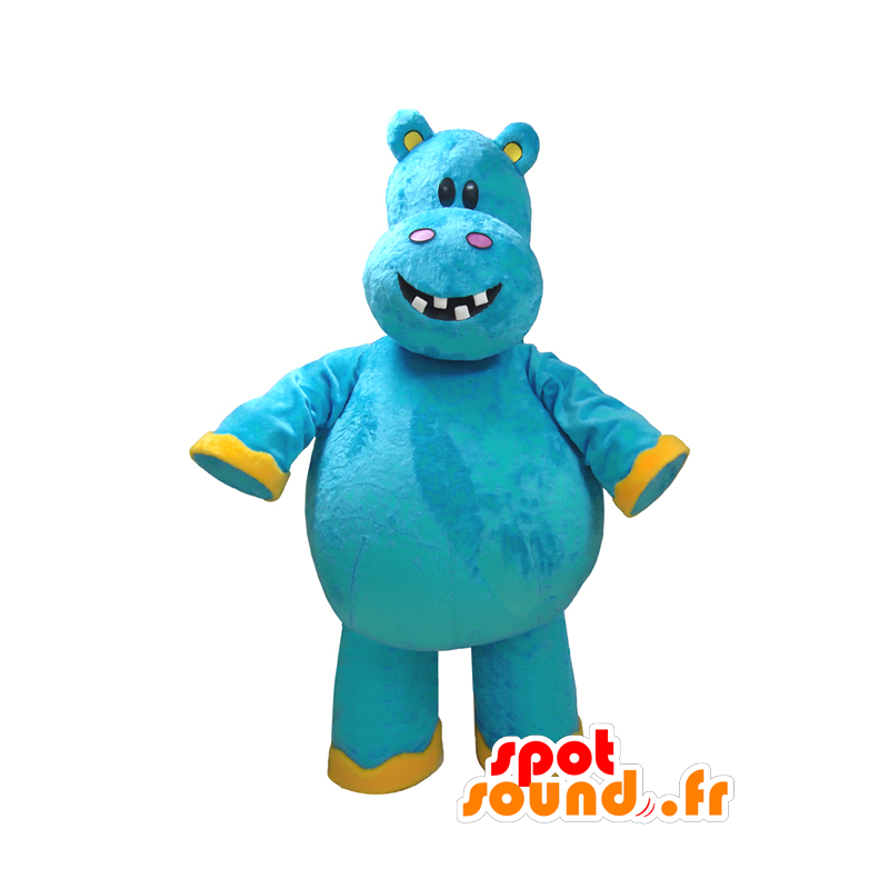 Mascot blue and yellow hippo, fun - MASFR032325 - Mascots hippopotamus