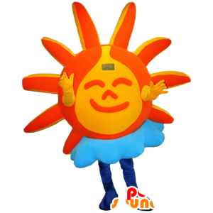 Orange og gul solmaskot med en sky - Spotsound maskot kostume