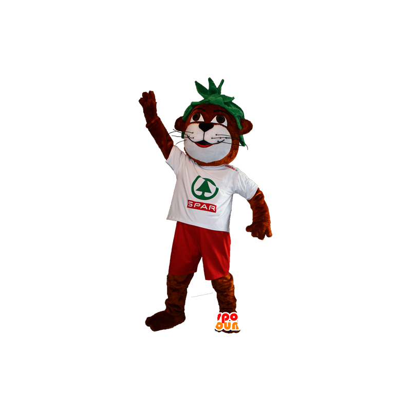 Otter brown and white mascot with green hair - MASFR032336 - Mascots of the ocean