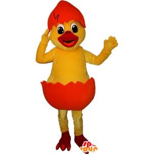Geel kuiken mascotte in een oranje shell - MASFR032351 - Mascot Hens - Hanen - Kippen