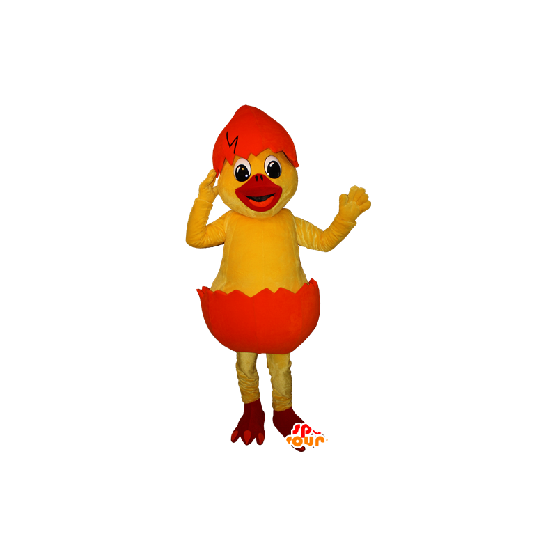 Mascotte de poussin jaune dans une coquille orange - MASFR032351 - Mascotte de Poules - Coqs - Poulets