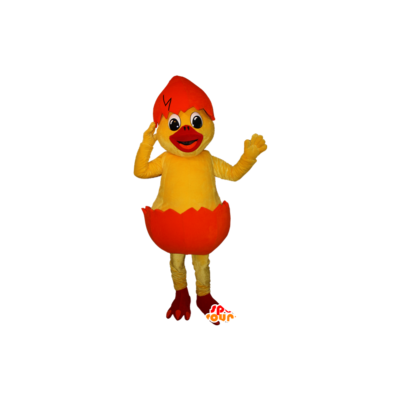 Žlutý mládě maskot v oranžovém plášti - MASFR032351 - Maskot Slepice - Roosters - Chickens