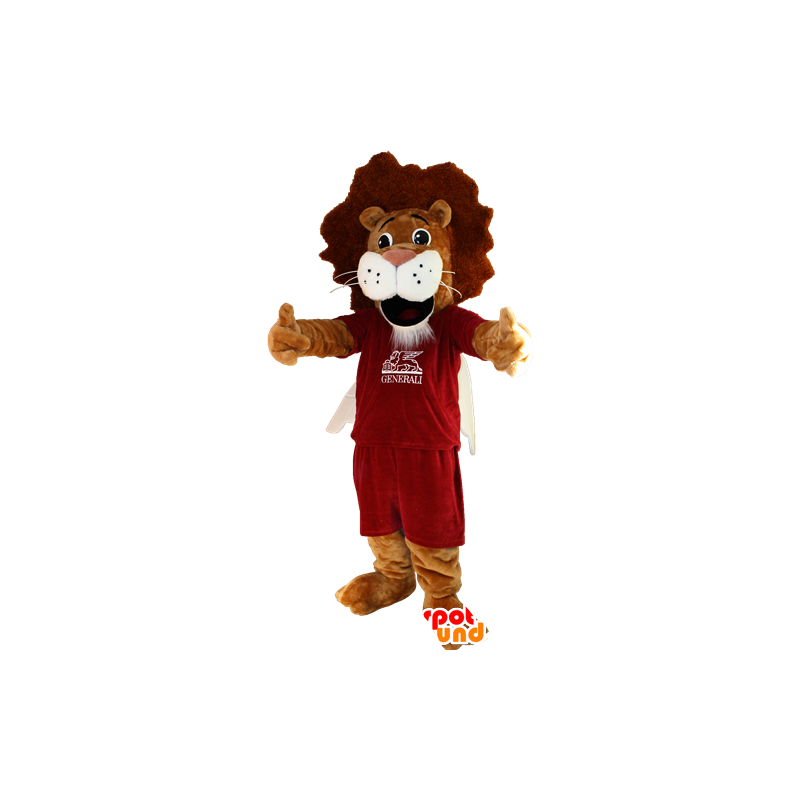 Brown and white lion mascot in sportswear - MASFR032352 - Sports mascot