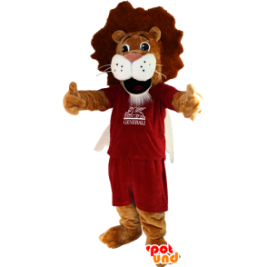 Brown and white lion mascot in sportswear - MASFR032352 - Sports mascot