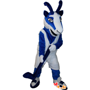 Geit mascotte, blauw en witte geit hockey outfit - MASFR032353 - Mascottes en geiten Geiten