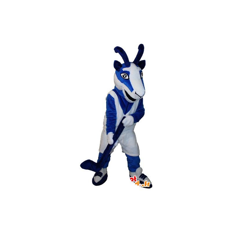 Geit mascotte, blauw en witte geit hockey outfit - MASFR032353 - Mascottes en geiten Geiten