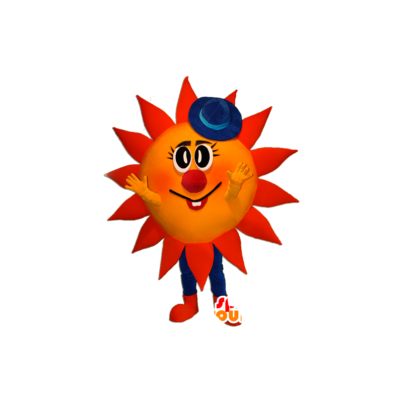 Mascotte de soleil rouge et jaune avec un chapeau bleu - MASFR032358 - Mascottes non-classées