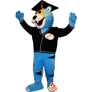 Mascote azul e branco urso com uma tampa de nova graduação - MASFR032360 - mascote do urso