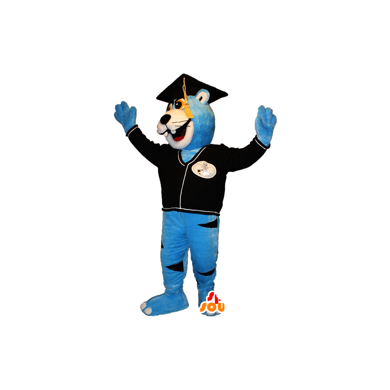Mascote azul e branco urso com uma tampa de nova graduação - MASFR032360 - mascote do urso