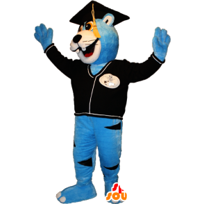 Mascota del oso azul y blanco con una toca de nuevo graduado - MASFR032360 - Oso mascota