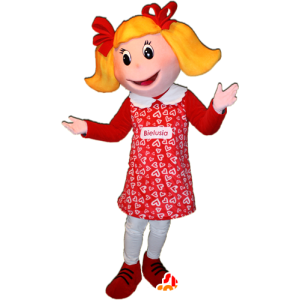 Blond jente maskot kledd i rødt. Doll Mascot - MASFR032362 - Maskoter gutter og jenter