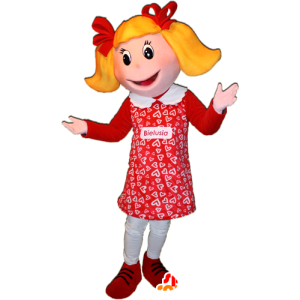 Blond meisje mascotte gekleed in het rood. Doll Mascot - MASFR032362 - Mascottes Boys and Girls