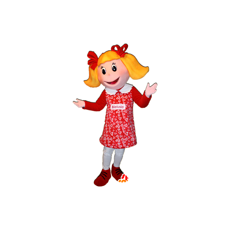 Blond jente maskot kledd i rødt. Doll Mascot - MASFR032362 - Maskoter gutter og jenter
