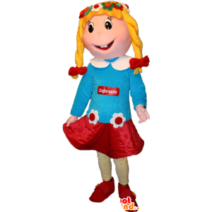 Blond meisje mascotte met een gebloemde jurk - MASFR032366 - Mascottes Boys and Girls