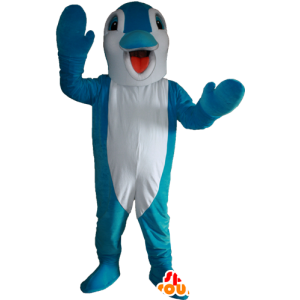 Blå och vit delfinmaskot. Fiskmaskot - Spotsound maskot