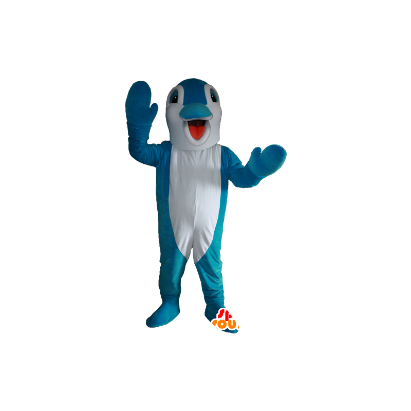 Blå och vit delfinmaskot. Fiskmaskot - Spotsound maskot