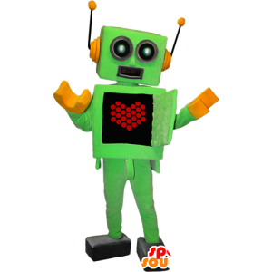 Mascot green and yellow robot with a heart on the belly - MASFR032370 - Mascots of objects