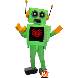 Mascotte de robot vert et jaune avec un cœur sur le ventre - MASFR032370 - Mascottes d'objets