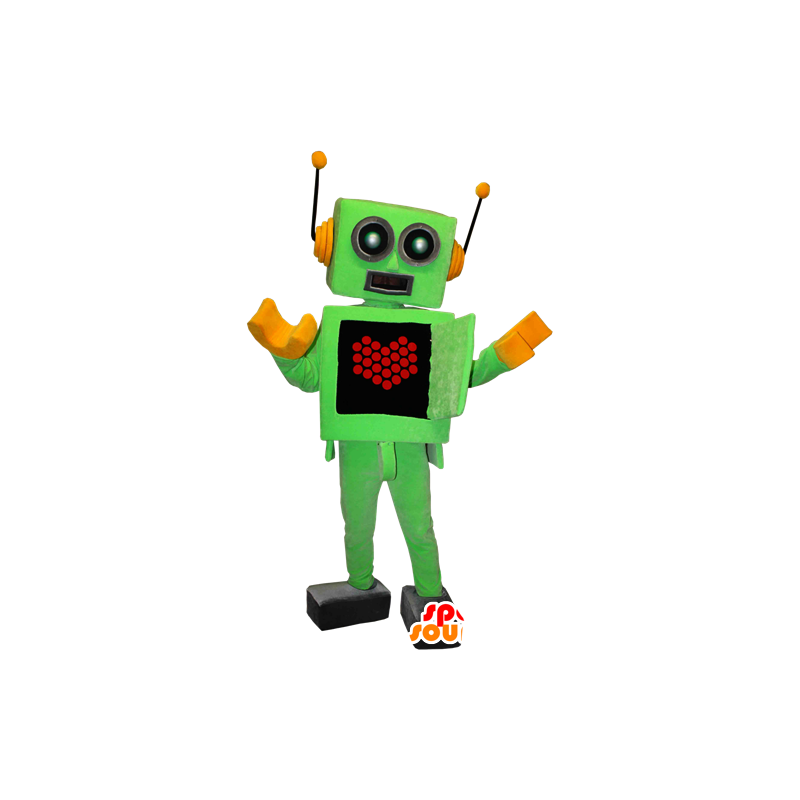 Maskot grønn og gul robot med et hjerte på magen - MASFR032370 - Maskoter gjenstander