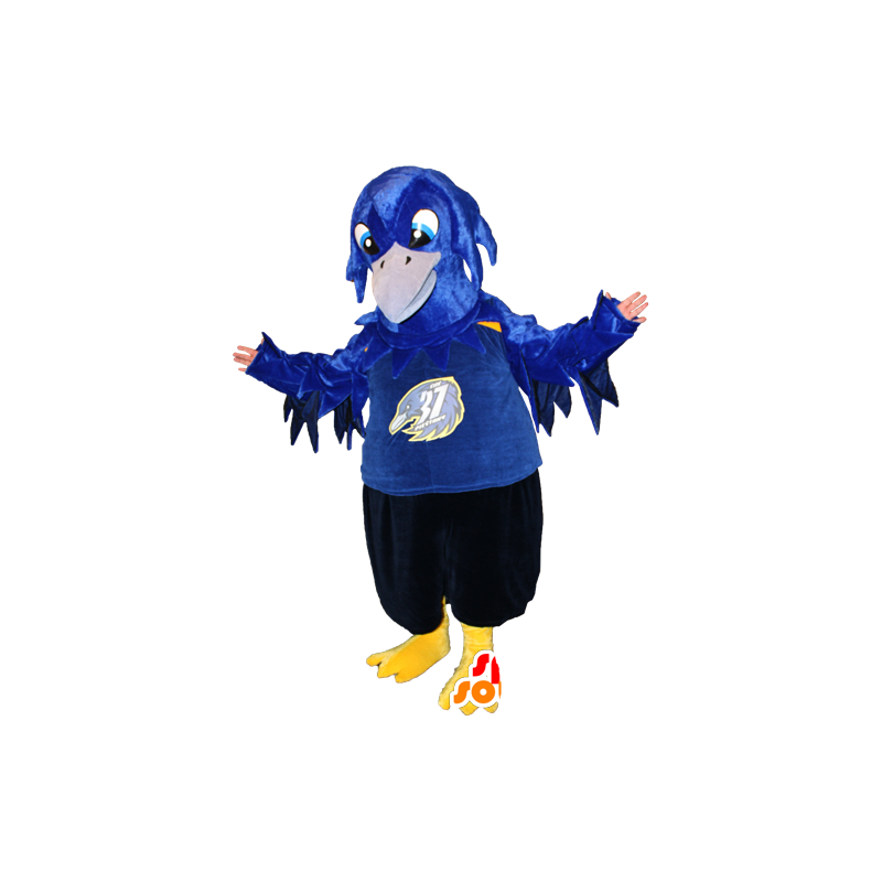 Mascotte d'oiseau bleu, noir et jaune. Mascotte de corbeau - MASFR032373 - Mascotte d'oiseaux