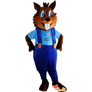 Van bruine eekhoorn mascotte met grote tanden en overalls - MASFR032380 - mascottes Squirrel